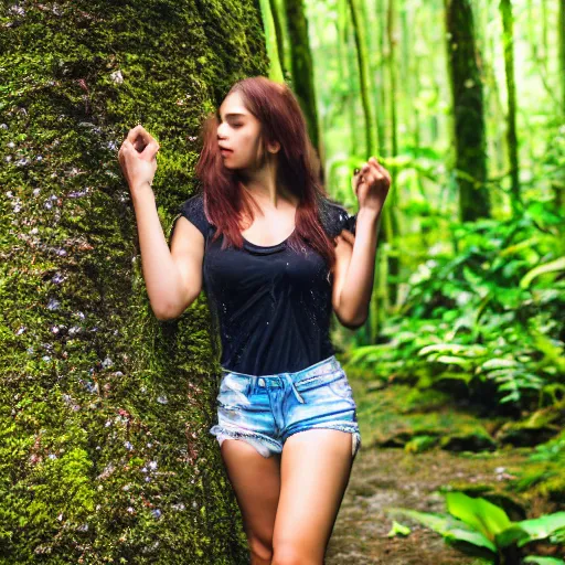 Prompt: a beautiful young woman with short shorts on walking through a rain forest, highly detailed, photograph, award winning, 8k, natural, natural lighting, natural beauty