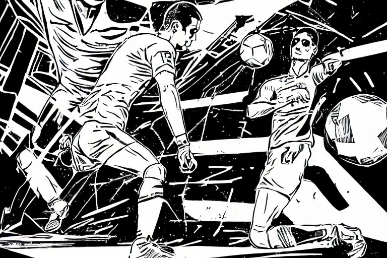 Image similar to cristiano ronaldo taking a penalty shot, a page from cyberpunk 2 0 2 0, style of paolo parente, style of mike jackson, adam smasher, johnny silverhand, 1 9 9 0 s comic book style, white background, ink drawing, black and white