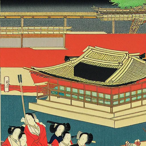 Image similar to The Feudal City of Kyoto, Ukiyoe Oshika Painting, Detailed, complex colour scheme, featured on louvre