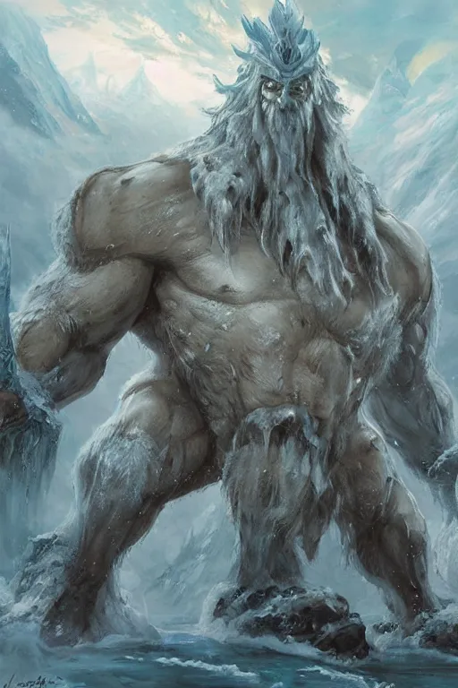 Image similar to north mythology concept art painting of ice gigant ymir the ancestor of all giants by james gurney, trending on artstation, detailed