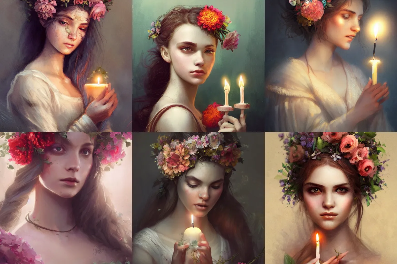 Prompt: A gorgeous young woman with flowers in her hair and a candle in her hand, high detail, styled by Greg Rutkowski