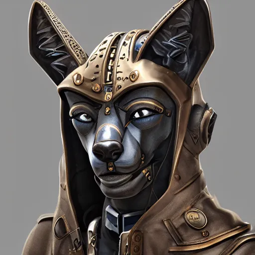 Prompt: hyperdetailed anubis wearing a pale gray flight jacket, steampunk, highly detailed portrait, polygon style, digital painting, artstation hq, ray tracing, unreal engine 5, intricate, elegant, medium shot