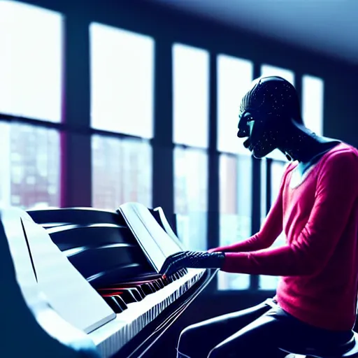 Image similar to a cyborg playing the piano in a futuristic apartment, award winning art, 4k, highly detailed, sharp focus, cinematic lighting, smooth