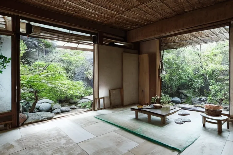 Prompt: a wabi sabi living room with the floor made of water
