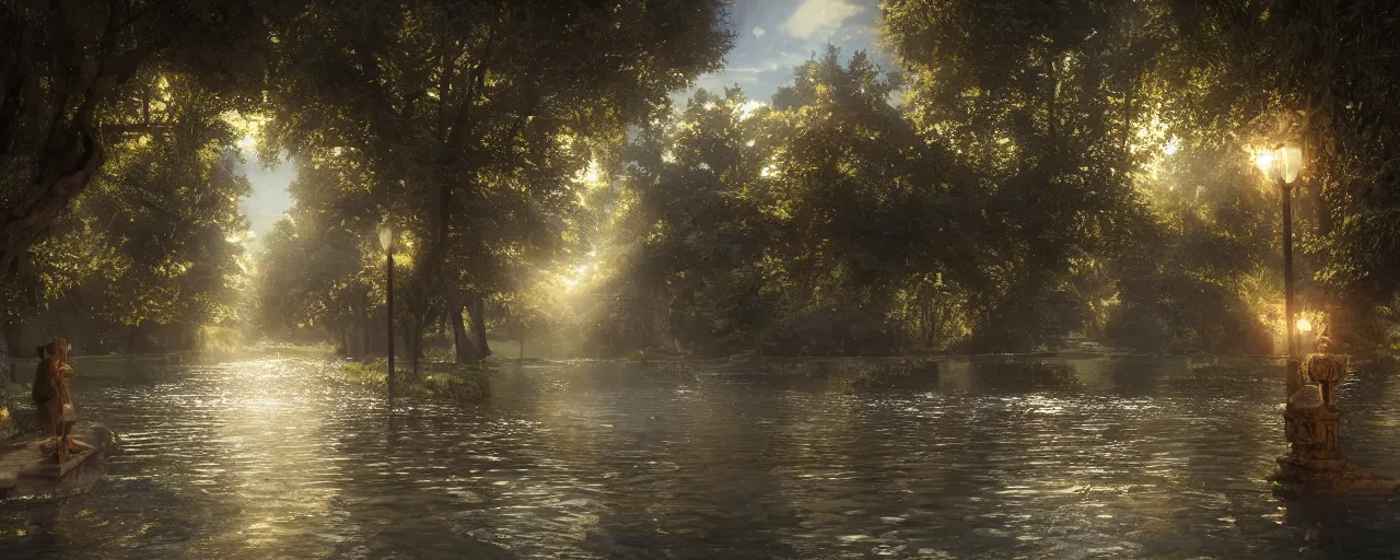 Image similar to of heaven with a river of the water of life, clear as crystal, flowing from the throne of god and of the lamb, in the middle of its street on either side of the river was the tree of life, by daniel f. gerhartz and matt stewart, fantasy, photorealistic, octane render, unreal engine, dynamic lighting