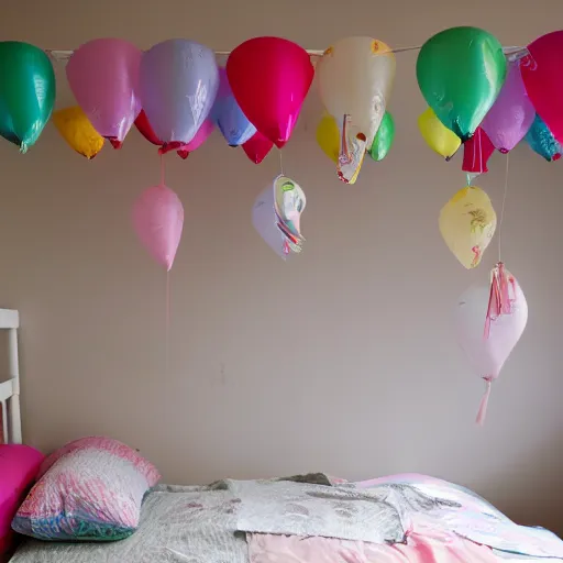 Image similar to japanese paper balloons hanging above a child's bed in their bedroom. dark room with light spilling in from the window