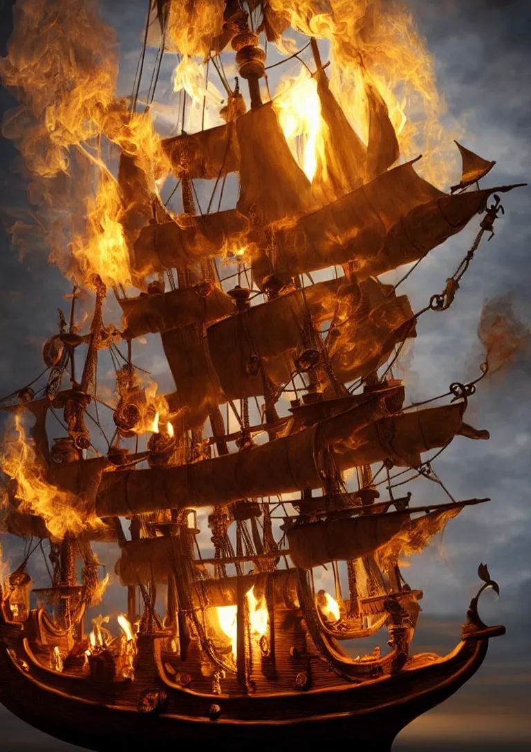 Image similar to Pirate ship with crew in a bottle, the bottle containing the pirate ship is on a mantlepiece over a fireplace with a fire. Photorealistic. Masterpiece.