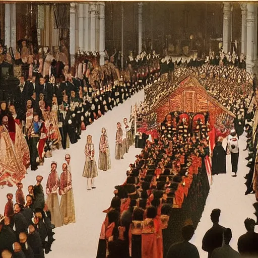 Image similar to a wide full shot, colored russian and japanese mix historical fantasy of a photograph taken of a royal wedding processional ceremony, photographic realistic, warm lighting, 1 9 0 7 photo from the official wedding photographer for the royal wedding.