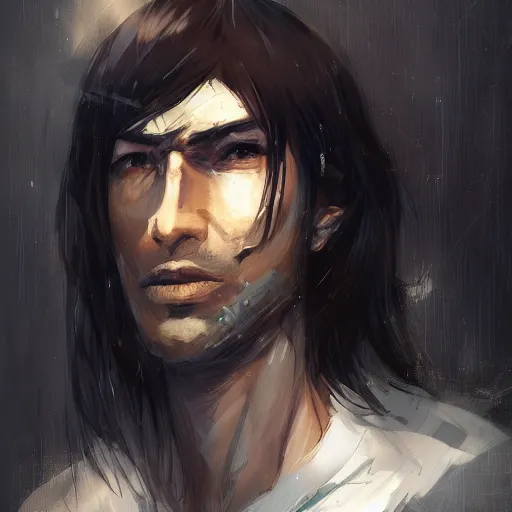 Prompt: anime portrait of a cyborg man by greg rutkowski, he is about 3 0 years old, indian, very tall and slender, messy long black hair, he is wearing a black t - shirt, highly detailed portrait, digital painting, artstation, concept art, smooth, sharp foccus ilustration, artstation hq