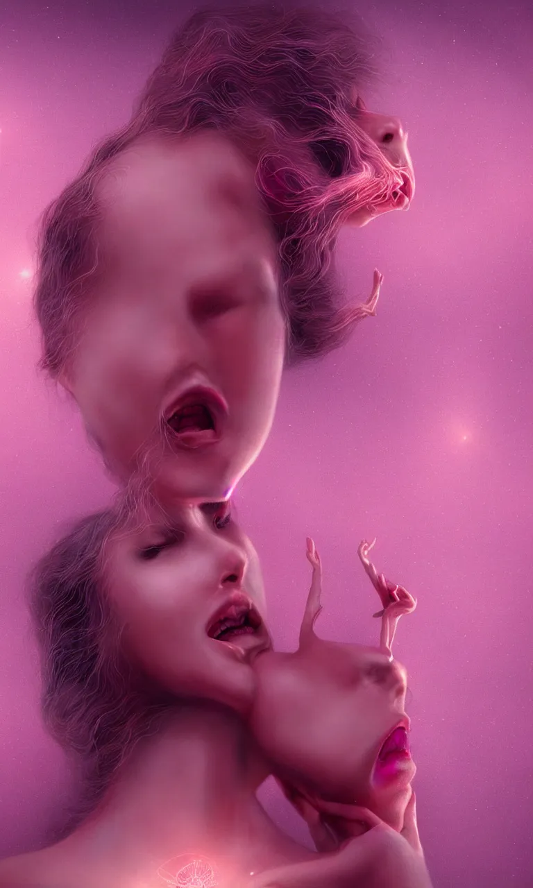 Image similar to young beautiful woman screaming in etheric hypothalamus of her mind, in a pink color palette of cosmic spring, symmetry, symmetrical face, intricate, beautiful illustration, retro futuristic, cinematic colors, style of edward robert hughes + zdzislaw beksinski, octane render, detailed, detail, waist up shot