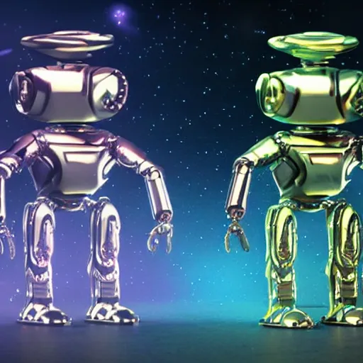 Image similar to 3 d rendered movie still pearlescent robots ( kitten ) in epic outer space battles and disco dance contests on saturn. science fiction, blockbuster movie, imax 7 0 mm, dystopian future, computer - animated science fiction film