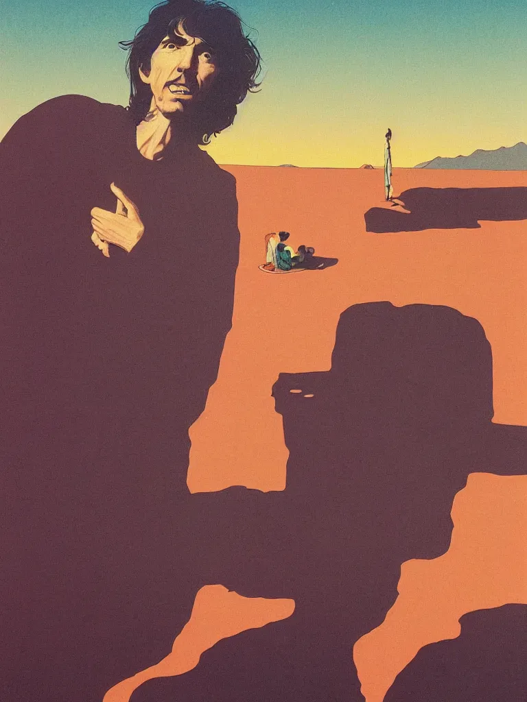 Image similar to a closeup portrait of george harrison, taking mind altering drugs, a blotter paper of lsd acid and dreaming psychedelic hallucinations in a vast desert landscape, by kawase hasui, moebius, edward hopper, colorful flat surreal design, dramatic lighting, hd, 8 k, artstation