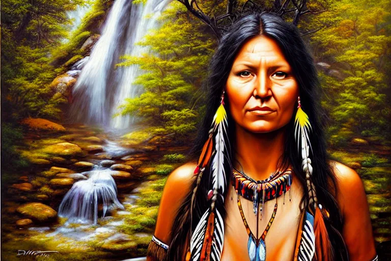 Prompt: portrait of a beautiful native american woman, nature elements, waterfalls, painting, by dimitra milan, by tim okamura, by phil koch.