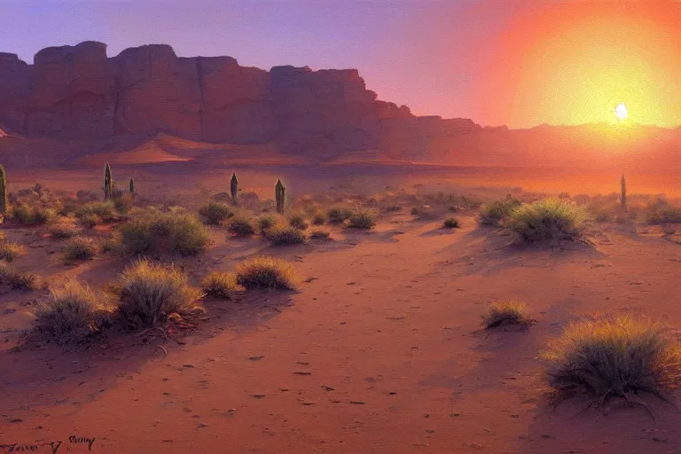 Prompt: bottle of water drippy in the desert sunrise, beautiful painting, james gurney, trending on artstationhq