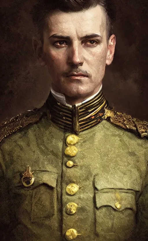 Prompt: portrait of a victorian general wearing military uniform, male, detailed face, victorian, highly detailed, cinematic lighting, digital art painting by greg rutkowski
