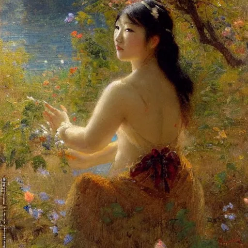 Prompt: intimate Gaston Bussiere portrait of Mei (Overwatch) in the midst of serene natural scenery