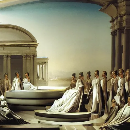 Prompt: oblivion film transport design zaha hadid forms car and wall structure in middle of the coronation of napoleon painting by Jacques-Louis David black ceramic material shiny gloss water reflections search pinterest keyshot product render 4k