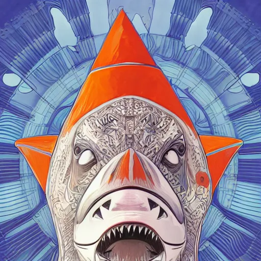 Prompt: great white shark, side view, with a silver and orange striped traffic cone construction cone on its dorsal fin, mandala background - ron cheng & alphonse mucha, highly detailed, digital painting, ray tracing, concept art, illustration, smooth sharp focus, intricate, symmetry, artstation,