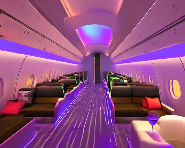 Prompt: Bar and nightclub inside a widebody plane with neon lights and sofas, digital rendering, unreal engine 5