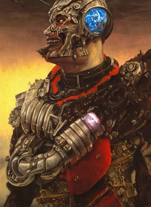 Image similar to portrait of a diabolical cyborg clown samurai armed with ion launcher, torn cape, dynamic pose, glowing eyes, ancient ruins, glowing veins subsurface scattering, in clouds, sunset, portrait, by gerald brom, by mikhail vrubel, by peter elson, muted colors, extreme detail, reflections, trending on artstation, 8 k