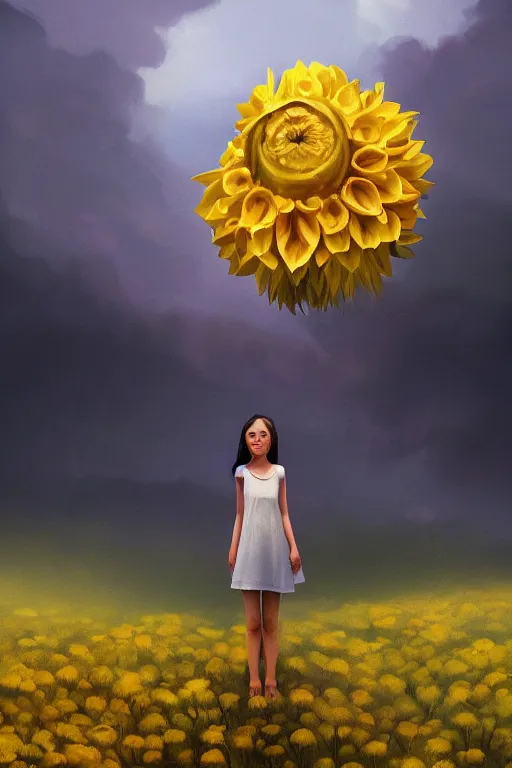 Image similar to closeup girl with huge yellow dahlia flower face, intricate, standing on mountain, surreal photography, blue storm clouds, dramatic light, impressionist painting, digital painting, artstation, simon stalenhag