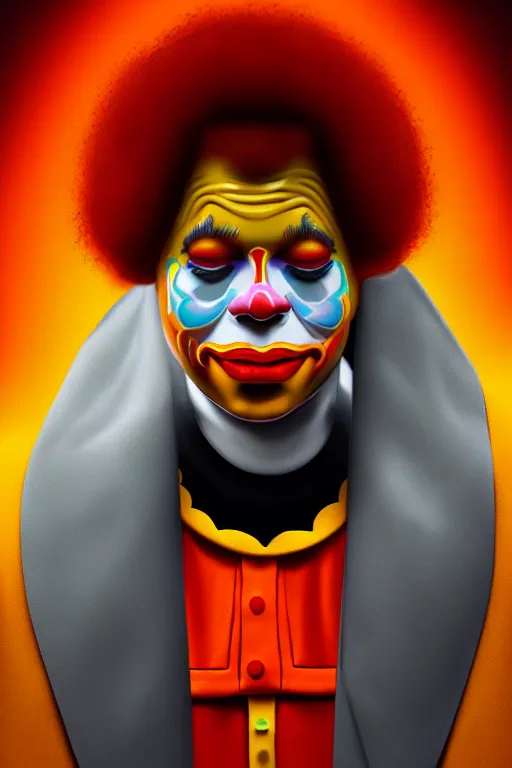 Image similar to a portrait of intergalactic ronald mcdonald, grim - lighting, high - contrast, intricate, elegant, highly detailed, digital painting, artstation, concept art, smooth, sharp focus, illustration