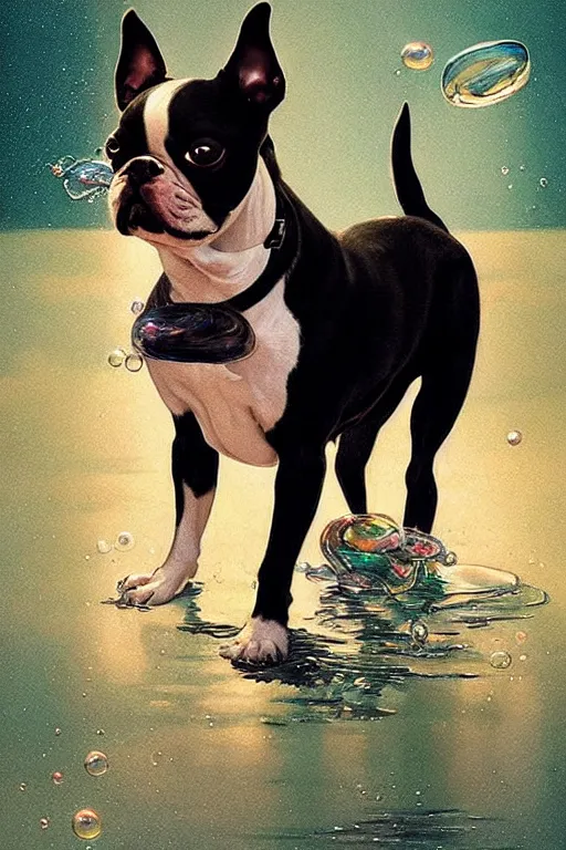 Image similar to a boston terrier chasing bubbles. clean elegant painting, beautiful details, lots of bubbles. by artgerm and greg rutkowski