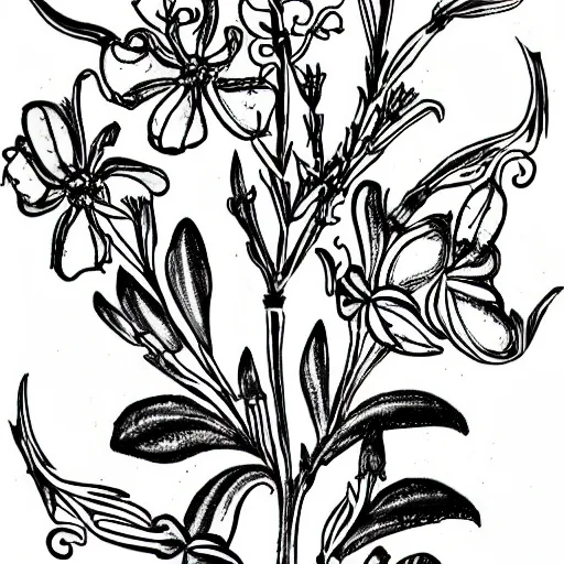 Prompt: azalea flowers in the style of the Voynich manuscript outline tattoo design, black ink on white paper