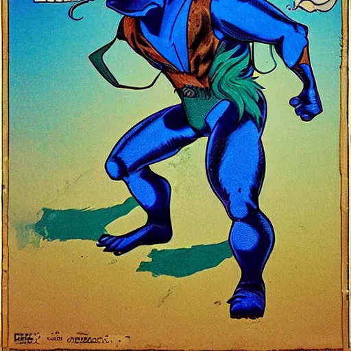 Image similar to a skunk that is blue and is also giant and a super hero by richard corben style