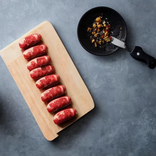 Prompt: photo of knife cutting through juicy sausage