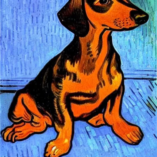 Image similar to Portrait of a dachshund on a chair, painted by Vincent Van Gogh