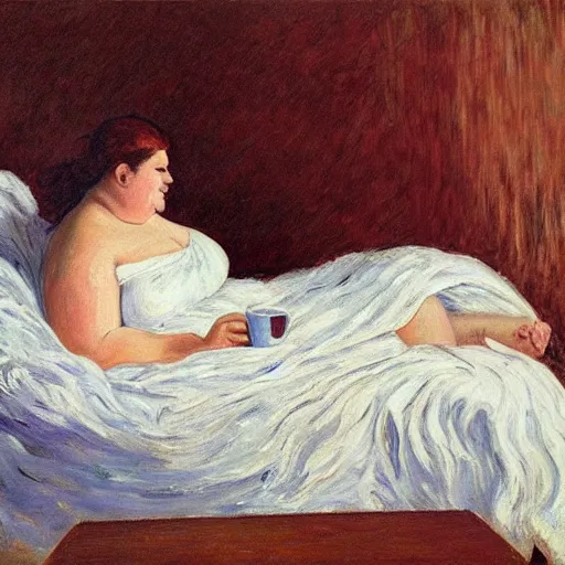 Prompt: a beautiful painting of a beautiful fat woman wearing a nightgown drinking coffee in a bed with white sheets in the style of in the style of Monet