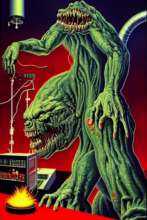 Image similar to a hyperrealistic detailed painting of a code red emergency at the nuclear power plant, radioactive radiation monster eating the laboratory by chris cunningham and richard corben, highly detailed, vivid color,