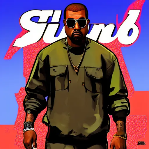 Image similar to illustration gta 5 artwork of kanye west, in the style of gta cover art, by stephen bliss