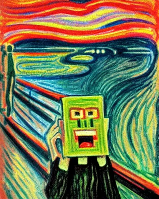 Image similar to minecraft creeper as the subject of the scream by edvard munch