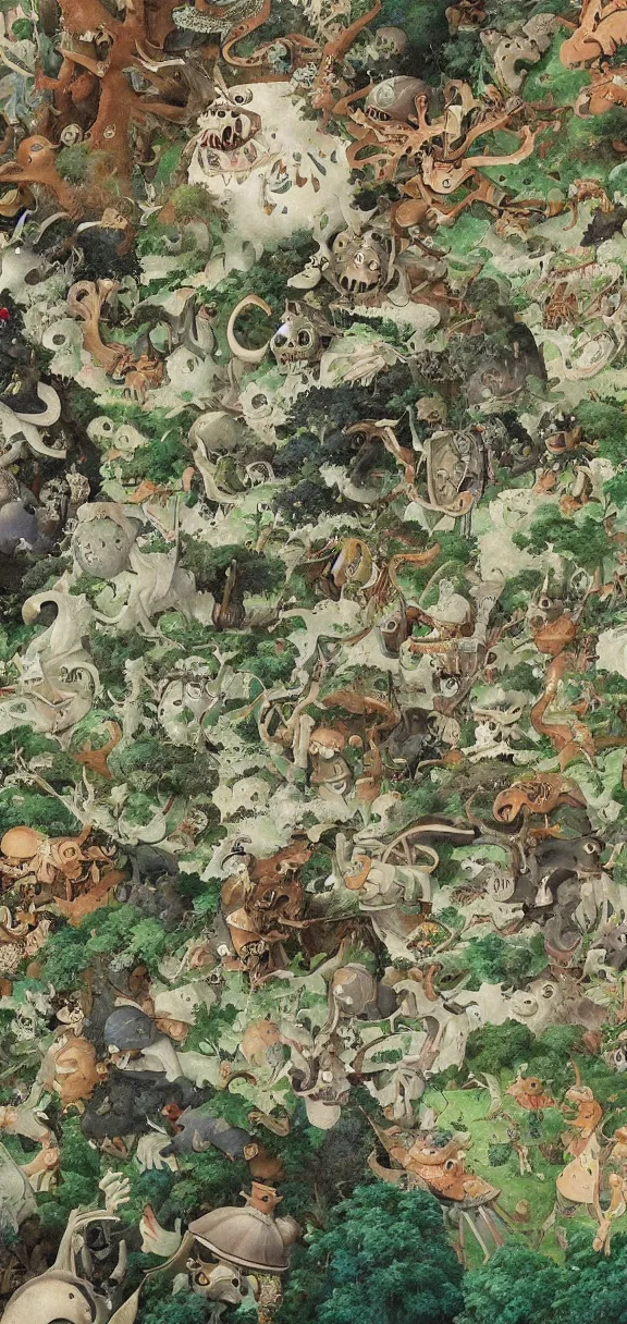 Prompt: an incredibly detailed masterpiece collaborative painting by bosch and studio ghibli, ornate, detailed, high resolution, wow!, intricate