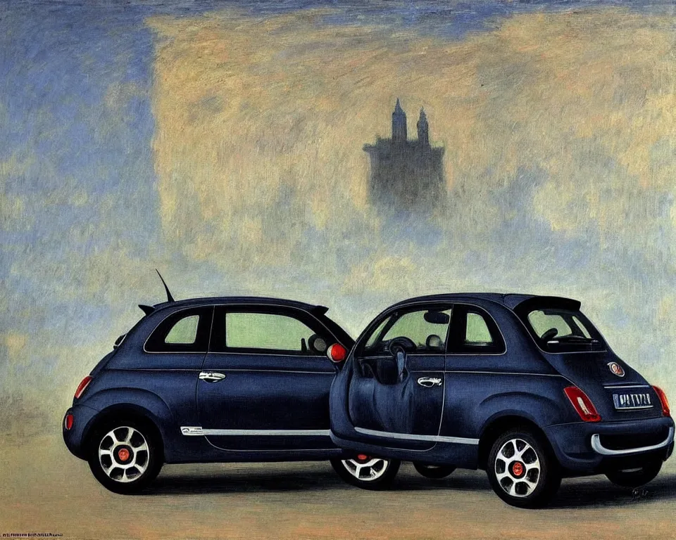 Image similar to achingly beautiful painting of a dark grey 2 0 1 3 fiat 5 0 0 abarth by rene magritte, monet, and turner.