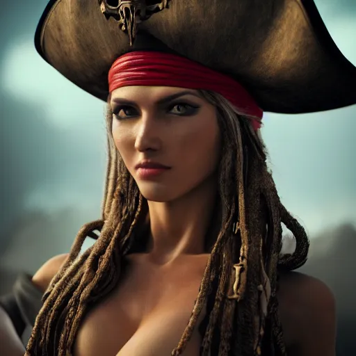 Image similar to full body pose, professional photograph of a beautiful pirate woman, dim volumetric lighting, 8 k, octane beautifully detailed render, extremely hyper detailed, intricate, epic composition, cinematic lighting, masterpiece, trending on artstation, very very detailed, stunning, hdr, smooth, sharp focus, high resolution, award, winning photo, dslr, 5 0 mm