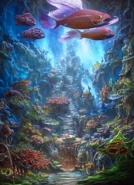 Image similar to people observing lots of beautiful fish in an underground aquarium corridor, in the style of tony sart, fantasy art, ray tracing, water droplets, highly detailed, artstation trend, highly detailed and intricate, sharp focus, photography, unreal engine 5