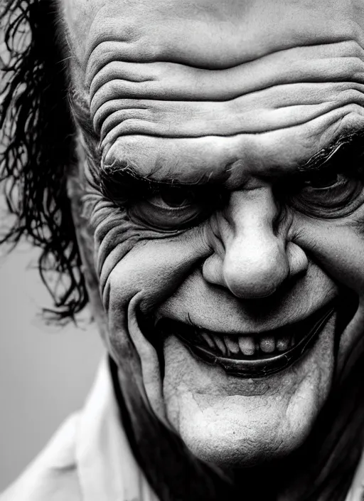 Prompt: photo of Jack Nicholson as the Joker by Lee Jeffries, smile, head shot, detailed, award winning, Sony a7R