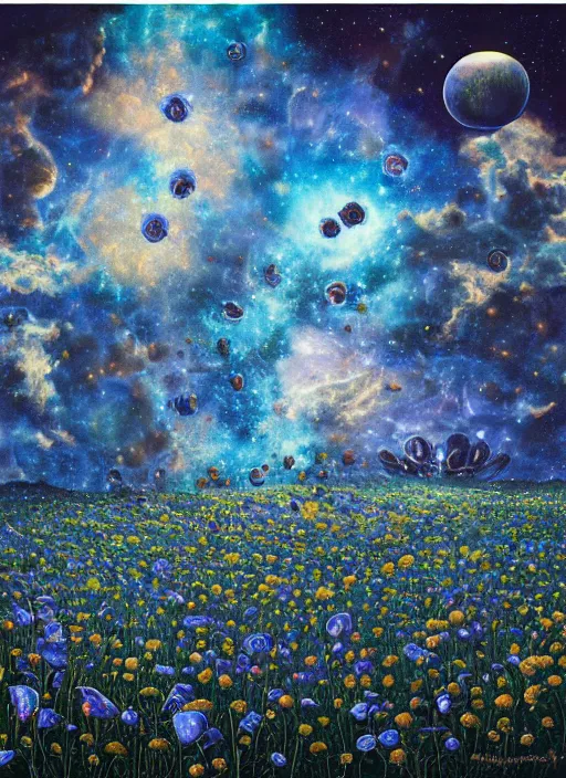 Image similar to detailed, intricate blue black and purple papaverum flower on the field, nebula, galaxy in the sky, winning award masterpiece, fantastically beautiful, illustration, aestheticly inspired, jacek yerka, upscale with anguissola sofonisba work, artstation, 8 k