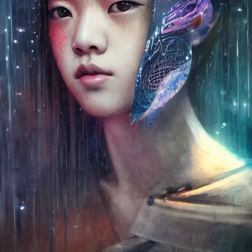 Prompt: jisoo of blackpink, hyperrealistic portrait, bladerunner street, art of elysium by karol bak and agnes cecile, fantasy art, photo realistic, dynamic lighting, artstation, poster, volumetric lighting, very detailed face, 8 k, award winning