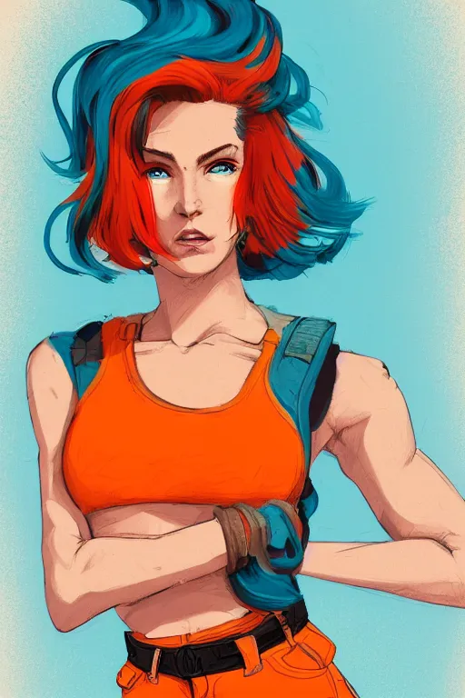 Image similar to a award winning half body portrait of a beautiful caucasian woman in a croptop and cargo pants with ombre orange blue teal hairstyle with head in motion and hair flying by will eisner, outrun, vaporware, digital art, trending on artstation, highly detailed, fine detail, intricate