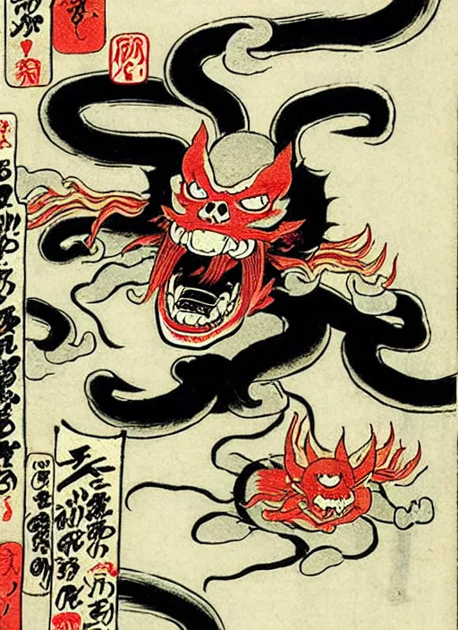 Image similar to ghost rider as a yokai illustrated by kawanabe kyosai and toriyama sekien