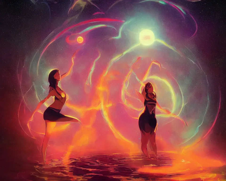 Image similar to beautiful determined goddess standing on a lake basking in the moonlight, conjuring a demon, underneath a multi-colored binary blackhole with an accretion disc, glowing trails following her arms, wearing professional makeup, synthwave, by Lois van Baarle, by Greg Rutkowski, by artgerm, by beeple, by studio ghibli, cinematic angle, volumetric lighting, 4k resolution, octane render, trending on artstation, masterpiece