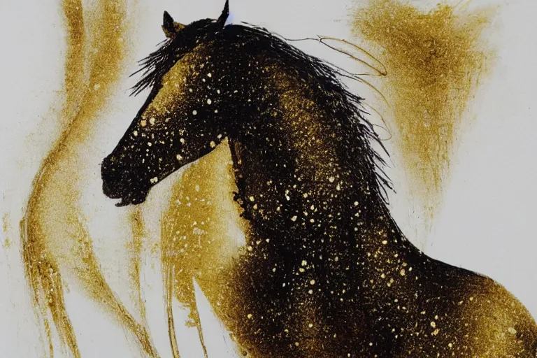 Image similar to beautiful serene horse, healing through motion, minimalistic golden ink aribrush painting on white background