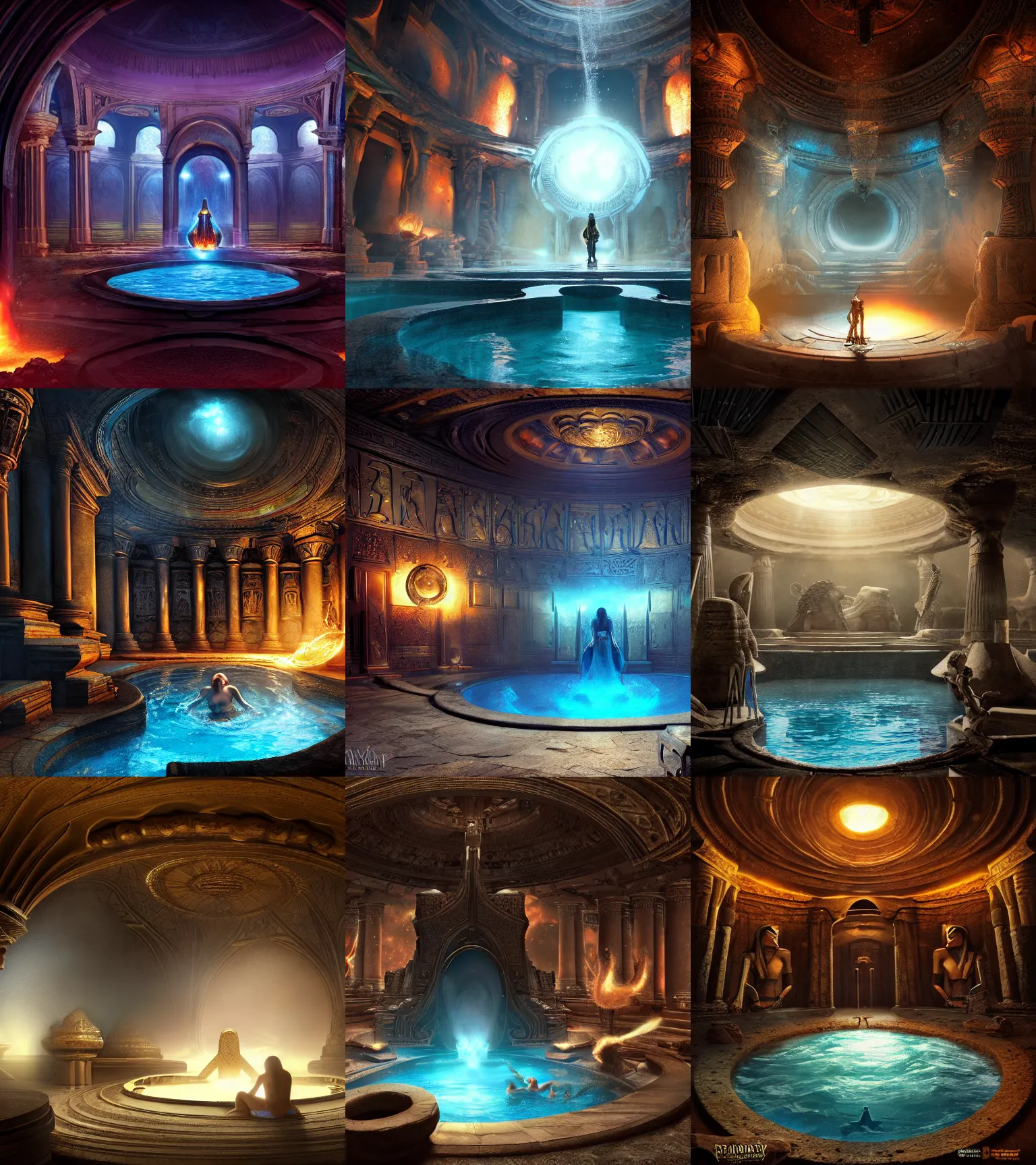 Prompt: fantasy movie scene raymond swanland detailed digital art of an ornate and royal egyptian antechamber tomb, a circular pool with an erupting galaxy inside, epic atmosphere, sharp sunray lighting, unreal engine, hyper realism, realistic shading, cinematic composition, blender render, octane render, hdr, detailed textures, photorealistic, ultrawide shot, 3 5 mm film