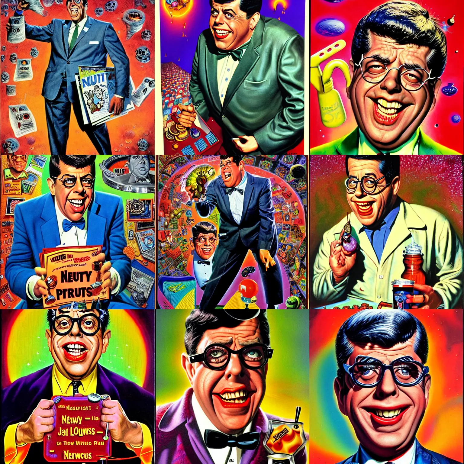 Prompt: 1964 Jerry Lewis Nutty Professor, by Frank Kelly Freas, vibrant, hyperrealistic, Maximalism, mystical, ornate, Intricate