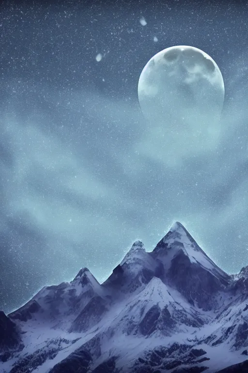 Image similar to digital matte fantasy dreamy mountain scape dark tones snow, crescent moon, wolf, 8 k by alex grey
