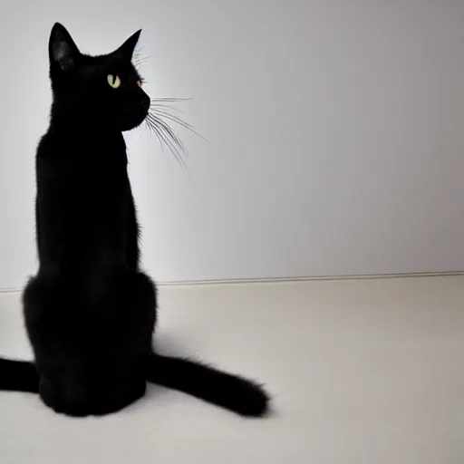 Image similar to national geographic photograph of a black cat sitting in a white room